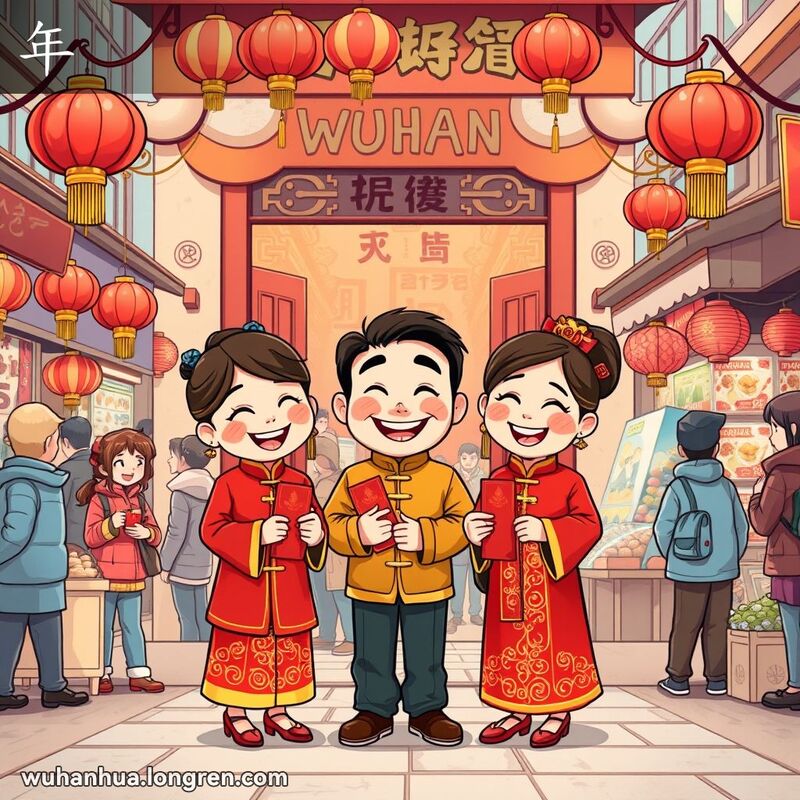武汉市民在春节期间的热闹场景，一家三口身穿传统服装，手持红包，背景是繁忙的市场和节日装饰