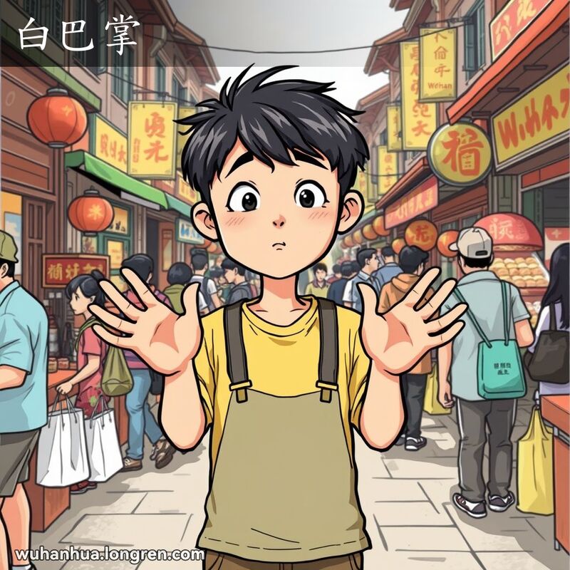 一位武汉年轻人在市场中双手空空，脸上带着尴尬的表情，背景是武汉的传统街景。