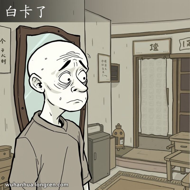 一位武汉市民站在镜子前，脸色苍白难看，表情担忧，背景是简朴的传统武汉家庭环境