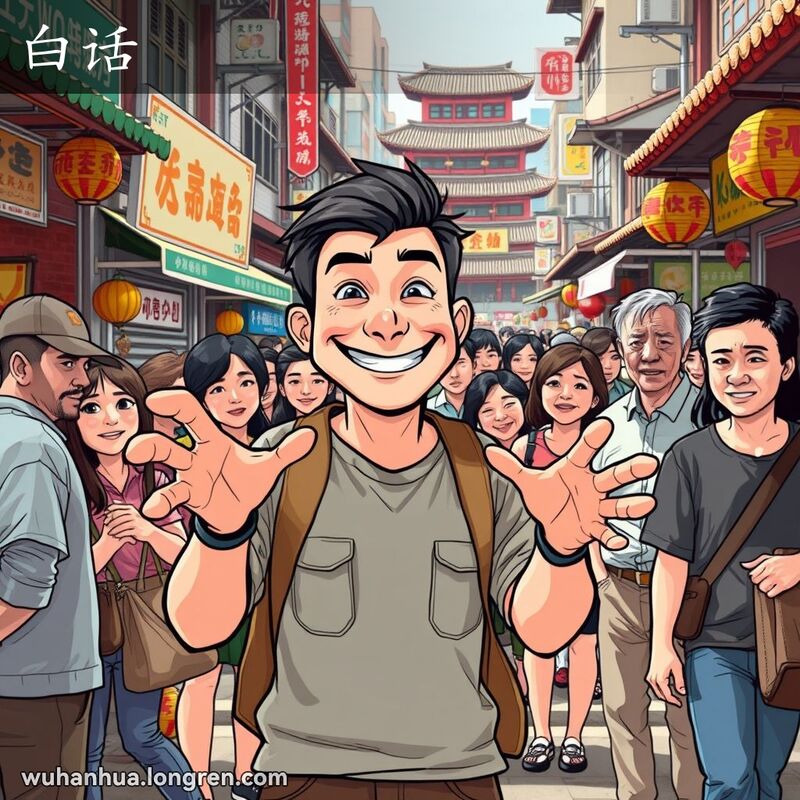 一位武汉男子在街市中手舞足蹈地讲述，背景是热闹的武汉街景