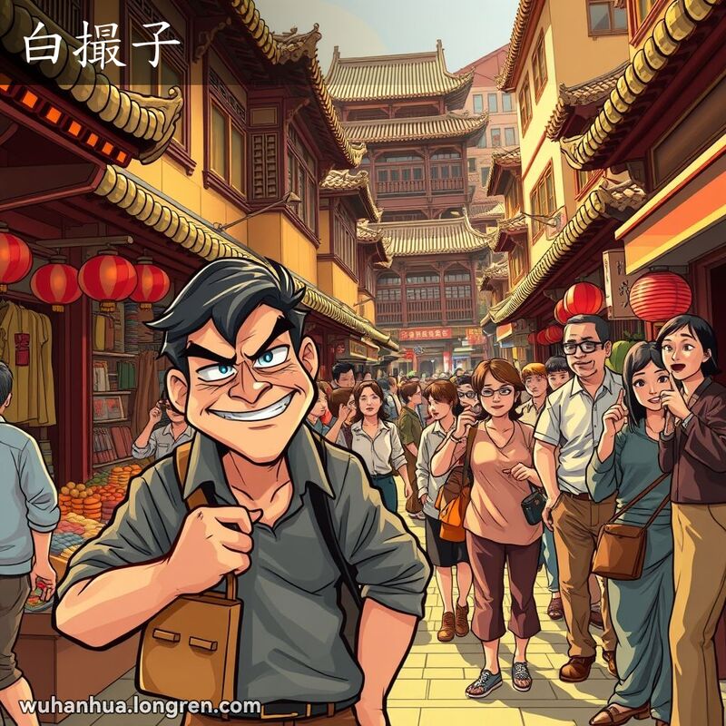 一个狡猾的男子在武汉街头试图欺骗路人，手提小包，周围居民指责他，背景是武汉老街景