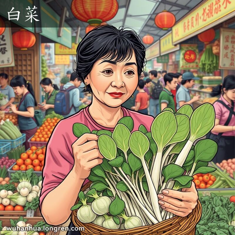 一位中年妇女在武汉市场上手持一篮白菜，背景是热闹的市场和其他摊贩。