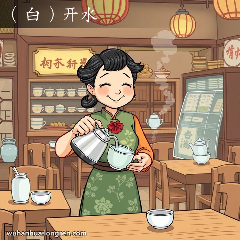 一位中年妇女在武汉茶馆内倒开水，背景是温馨的茶馆内景