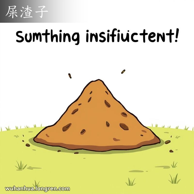一小堆不起眼的泥土和碎屑，背景是简单的草地，画面风格幽默夸张，色彩鲜艳对比。