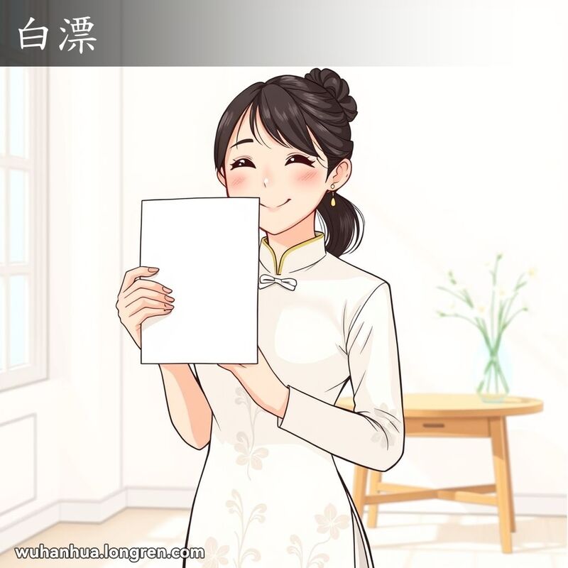 一位穿旗袍的武汉女子站在明亮的房间里，手持洁白的纸，背景有木桌和白花