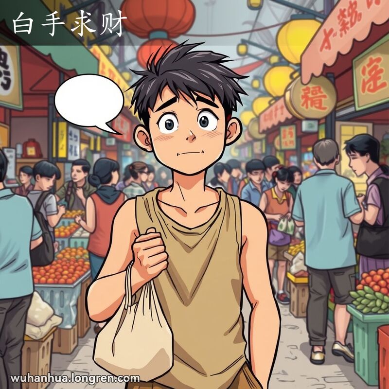 一位年轻男子在武汉市场中手持空袋子，神情希望但焦虑，背景是喧闹的市场摊位和人群