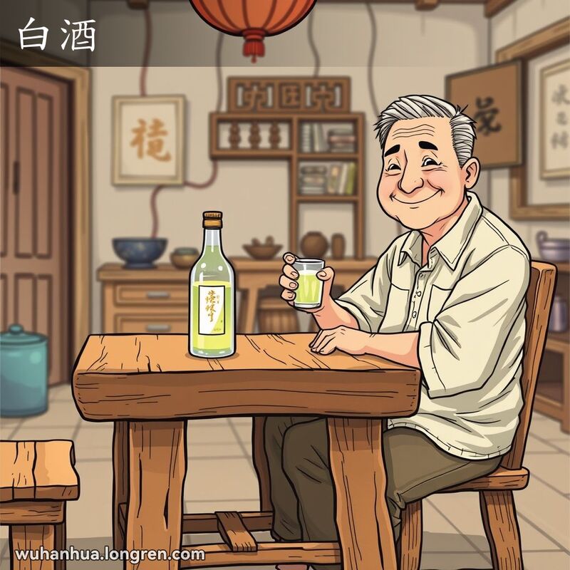 一位中年男子坐在传统武汉家庭的木质餐桌旁，手持白酒杯，背景是简朴温馨的室内环境