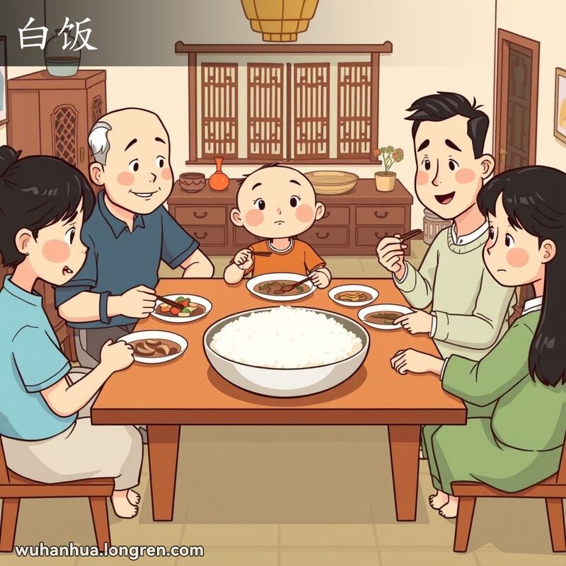 一个武汉家庭围坐在餐桌旁，桌上只剩下一大碗白米饭，家人们已经吃完了所有的菜肴，现在只能吃白饭。
