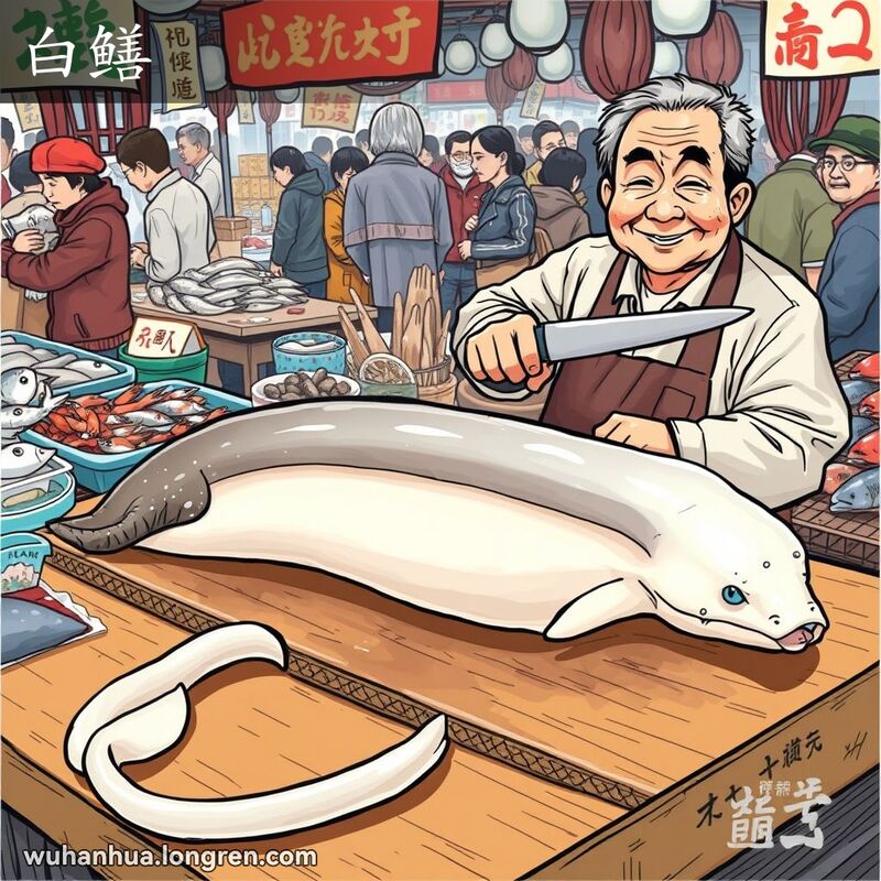 武汉市场中的白鳝鱼，摊主准备处理，背景有其他海鲜和繁忙的市场场景