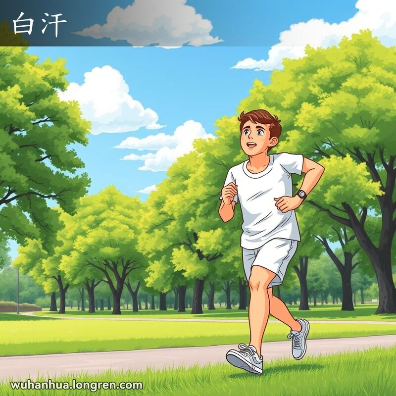 一个年轻人在公园跑步，身上流下清澈的汗水，背景是绿树成荫的公园