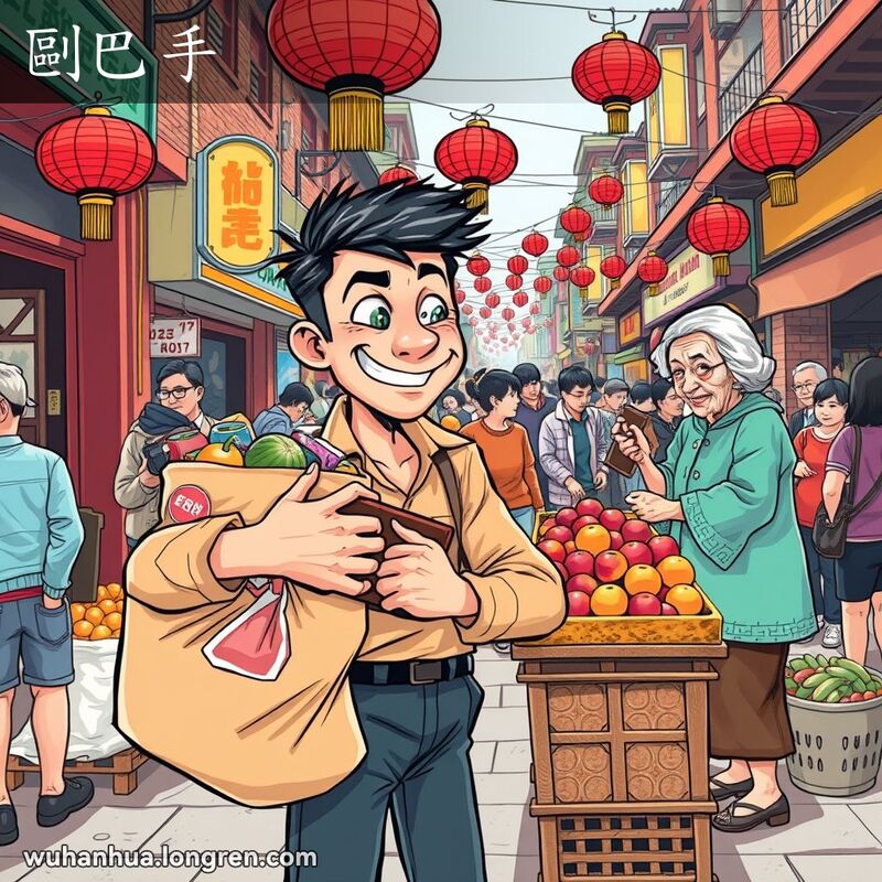 一个年轻人在武汉市场偷拿水果摊的货物，摊主老妇人露出疑惑表情，背景是忙碌的市场