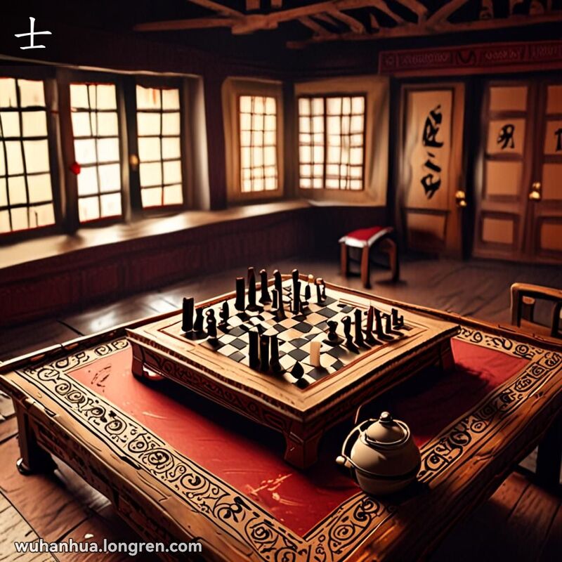 一张传统中国象棋棋盘，棋盘上有木制棋子，焦点是‘士’棋子，背景是武汉老茶馆和老街景