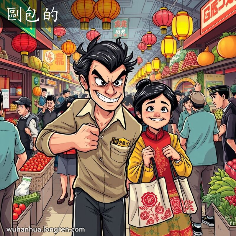 一个狡猾的男子在武汉市场偷取中年妇女的钱包，背景是热闹的市场摊位和顾客