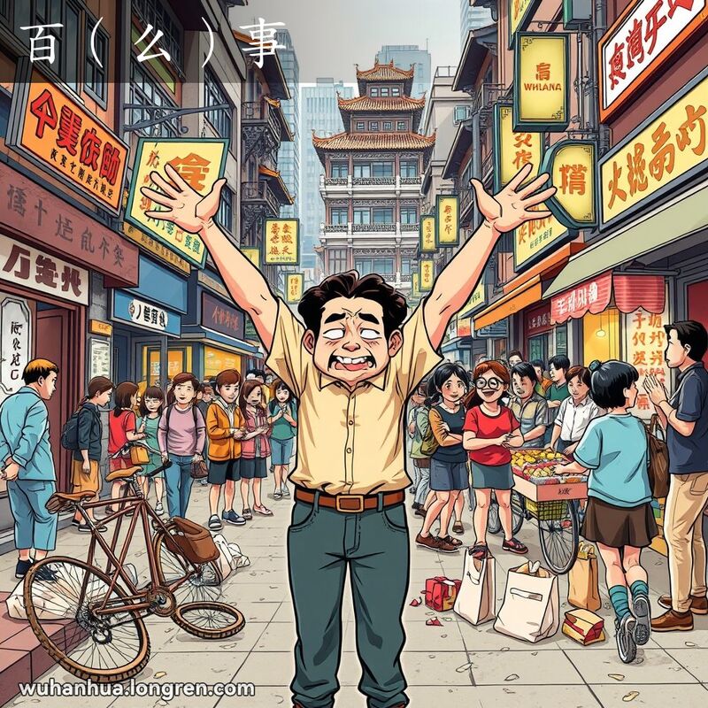 一位武汉男子站在混乱的街道中央，表情沮丧，周围是坏掉的自行车和困惑的人群，背景是武汉街景