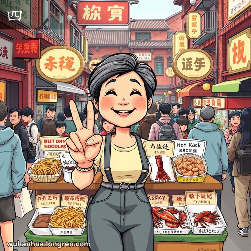 一位中年妇女在武汉街市摊位前举起四根手指，背景展示四种特色小吃和老街景