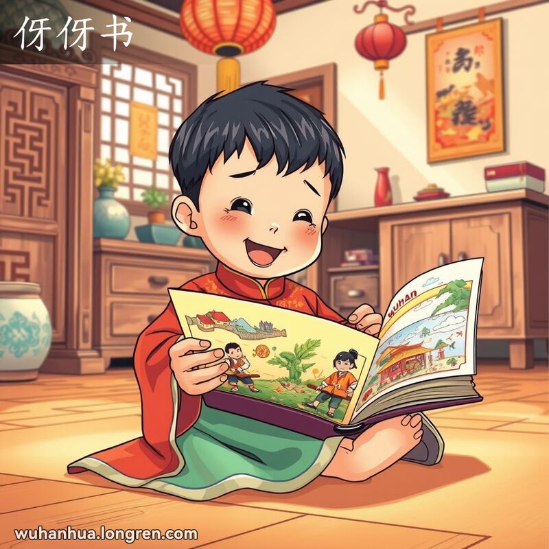 一位武汉小孩坐在老式客厅地板上，翻阅连环画书，脸上露出兴奋的笑容，背景有传统中国装饰和家具。