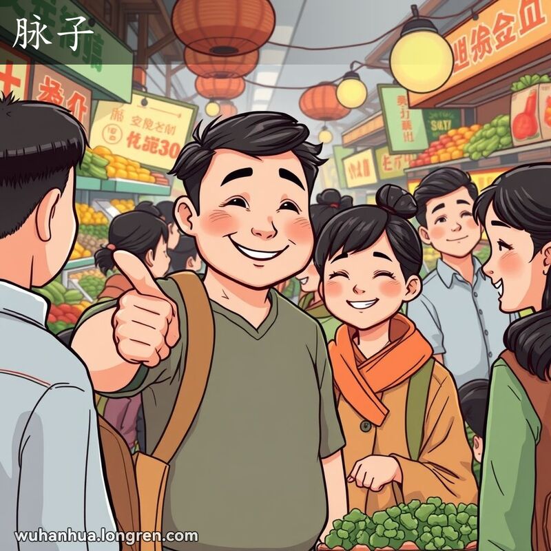 一群武汉本地人在市场中，中年男子指着年轻人，脸上带着调皮的表情，背景是热闹的市场摊位