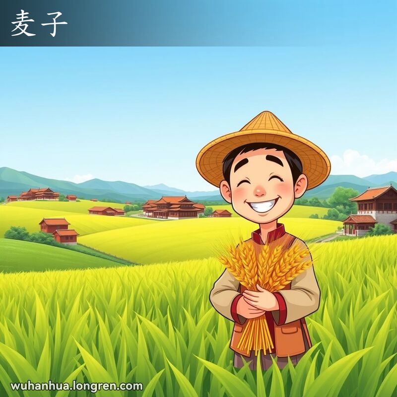一位微笑的农民站在金黄的麦田中，手捧麦穗，背景是传统中国乡村景象
