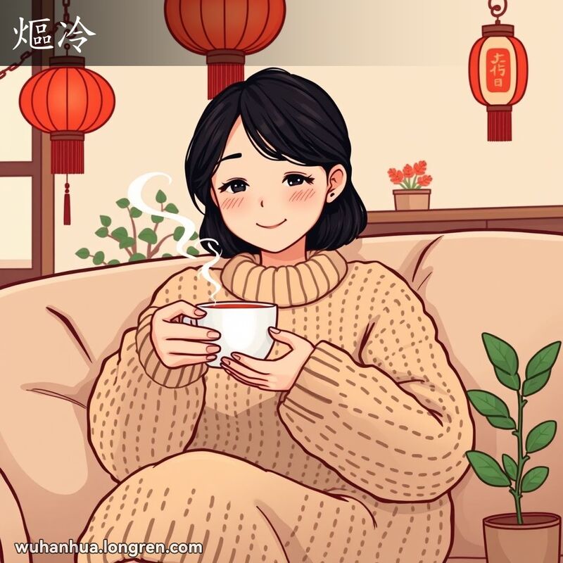 一位女性坐在沙发上，穿着厚实的保暖毛衣，手里拿着一杯热茶，脸上带着满足的微笑，背景有红灯笼和小盆栽