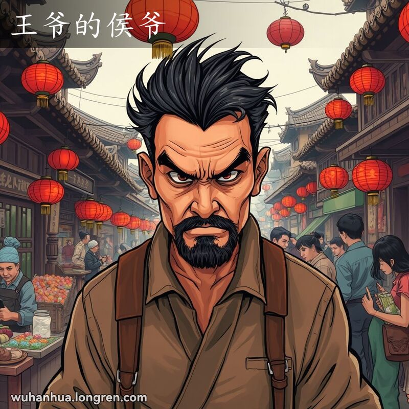 武汉老街上，一位凶狠的男子站在中央，背景中人们在议论他的凶名，画面充满紧张感。