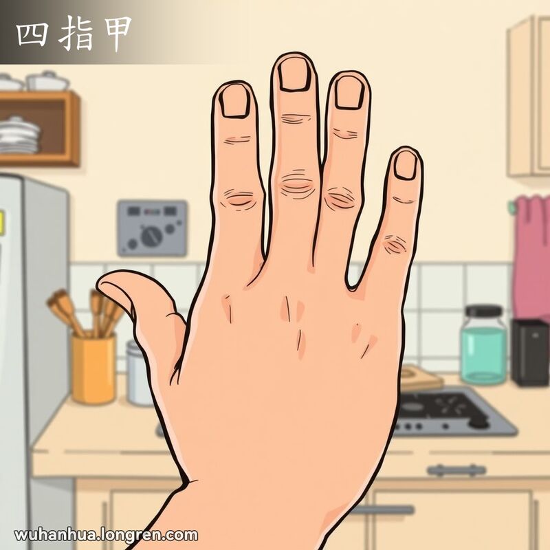 一只手展示无名指，背景是日常生活场景