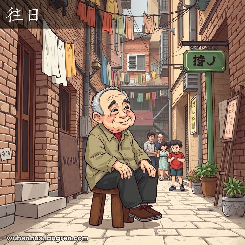 一位老人坐在武汉老巷子前的木凳上，回忆往日的情景，背景是武汉老街景
