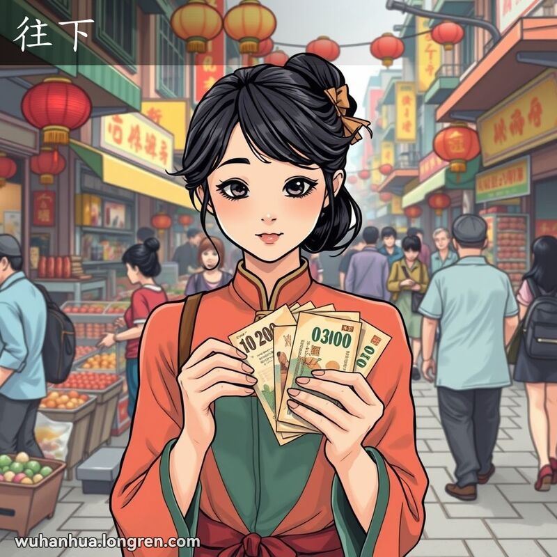 一位年轻女子在武汉街头手持一叠按面值排列的纸币，目光向下，背景是繁忙的市场场景