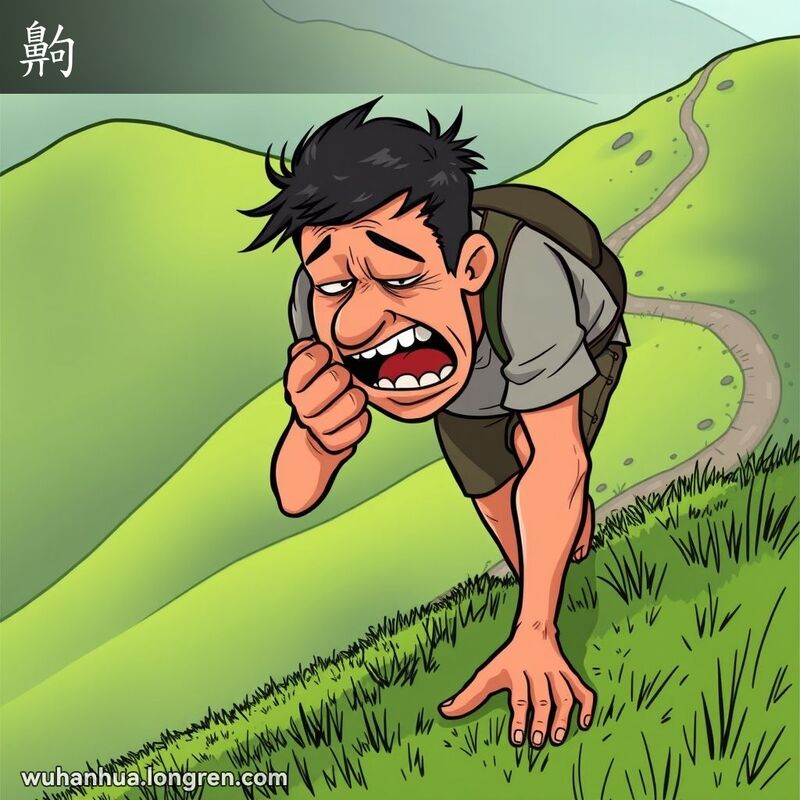 一个男子在爬陡坡时急促喘气，背景是绿意盎然的山坡和蜿蜒的小路