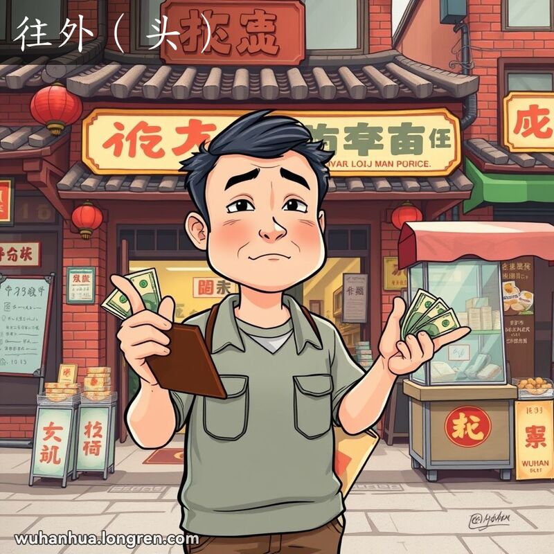 老王站在武汉街市前，手持钱包，指向外面，表情犹豫不决，背景是武汉老街景