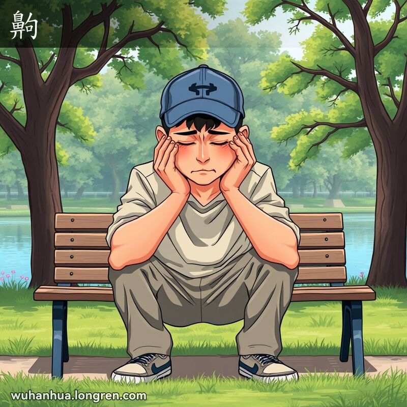 一位年轻的武汉市民坐在公园长椅上，显得极度疲惫，背景是茂密的绿树和宁静的湖泊