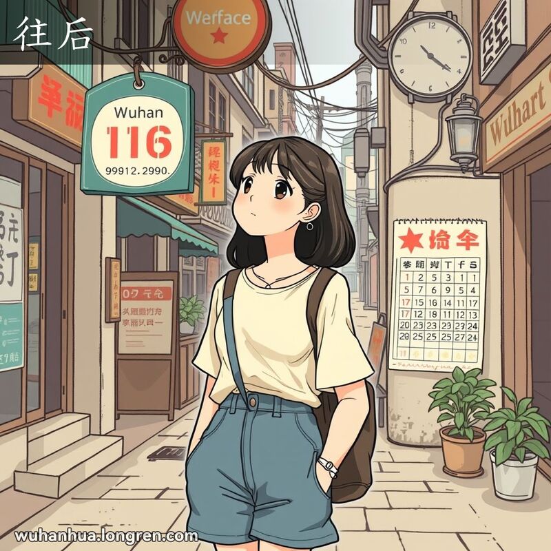 一位年轻女子站在武汉老街上，背景是旧式建筑和复古招牌，日历显示过去的年份，她望向远方，露出淡淡的微笑，陷入对往事的回忆。