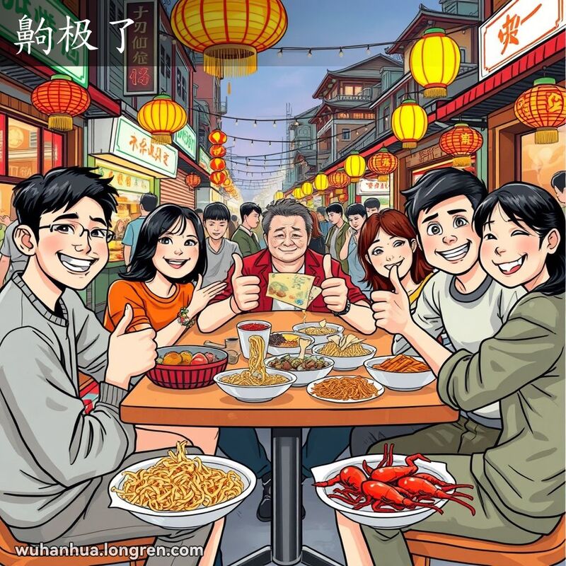 一群朋友在武汉夜市摊位前围坐，其中一人手持五十元纸币，露出满足的表情，表达“齁极了”的意思。