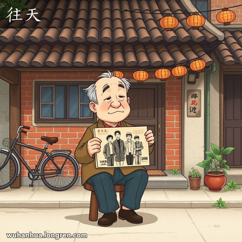 一位老人坐在武汉老街的木凳上，手持旧照片回忆过去，背景有老式自行车和灯笼