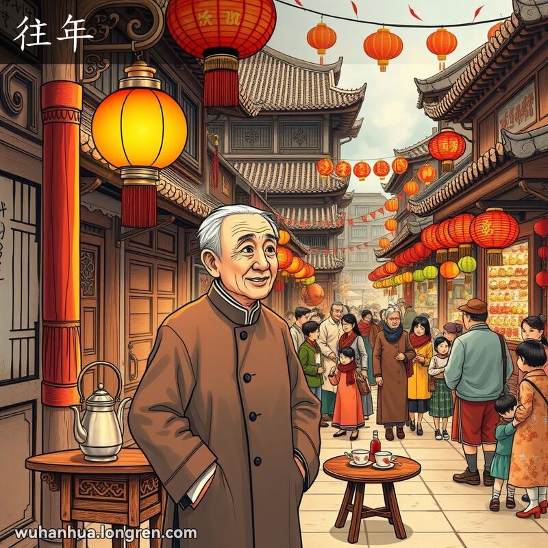 一位武汉老人在新年期间站在传统街道上，回忆往年的情景，背景是武汉老街景