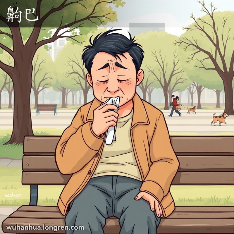 一位中年男子坐在公园长椅上咳嗽，手帕捂住嘴巴，面露痛苦表情，背景是宁静的公园景象