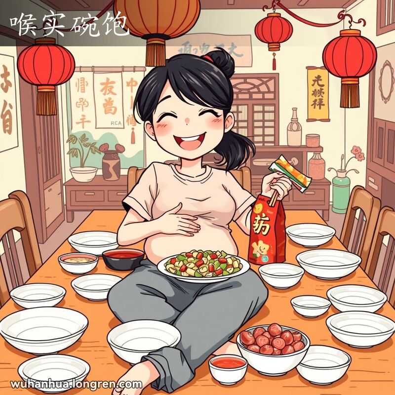 一位武汉年轻女子在餐桌前，桌上摆满了空盘子和空碗，她满足地摸着肚子，另一只手伸向零食袋，背景是温馨的家庭环境。