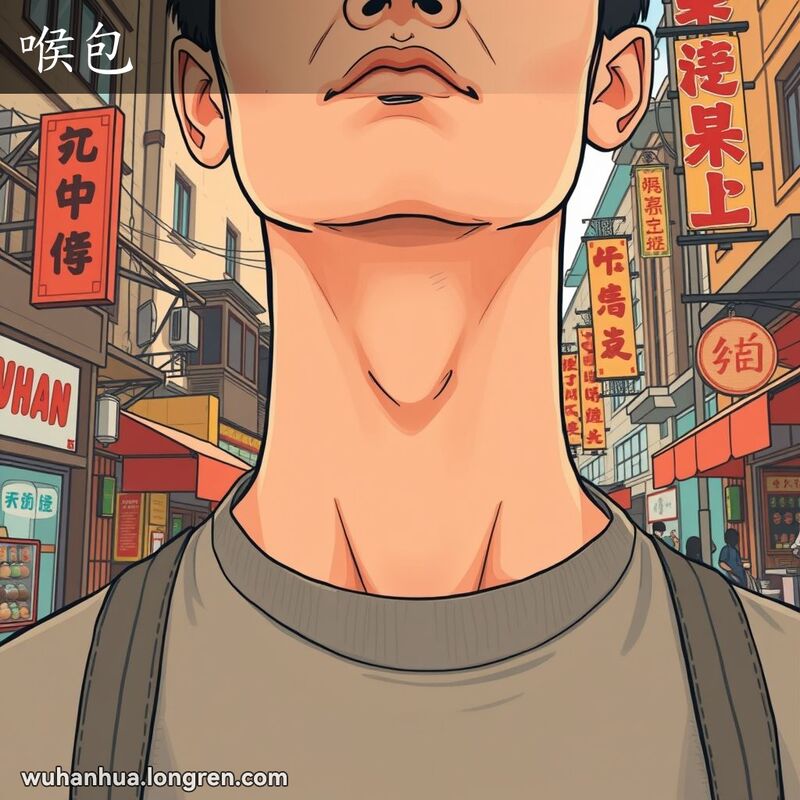 一位男子颈部特写，突出喉结，背景是武汉市区的日常场景