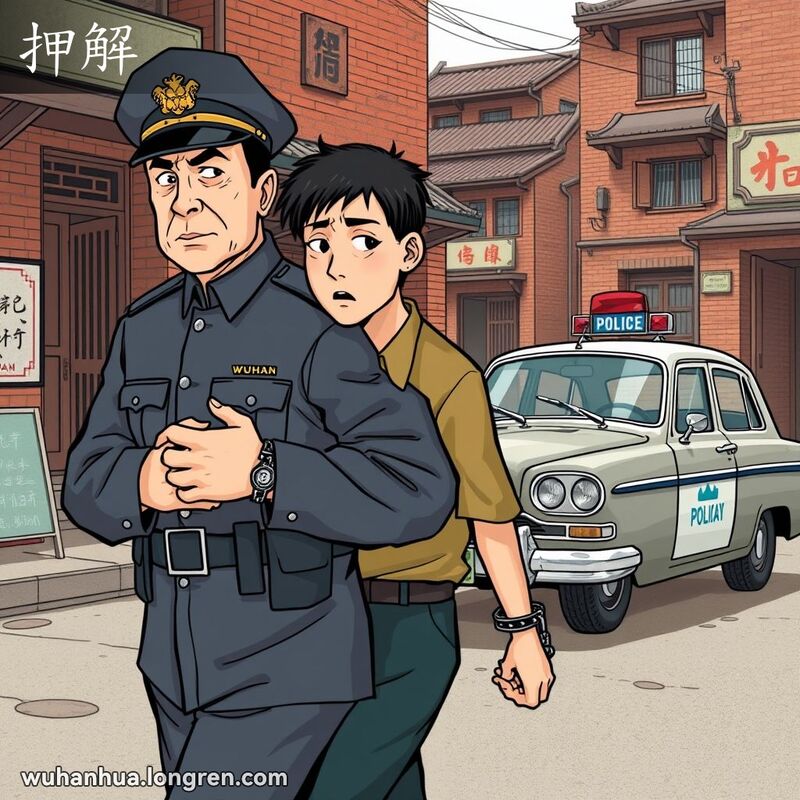 一位警察押送手铐犯人走向警车，背景是武汉老街景