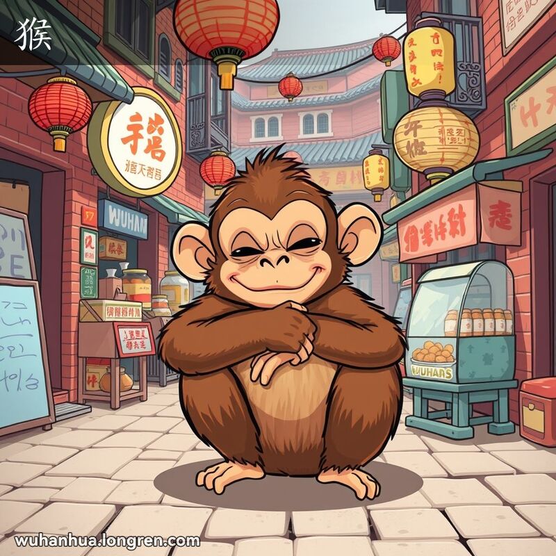 一只调皮的猴子在武汉老街背景下蜷缩成一团，形似一坨，背景有红砖墙和小摊贩。