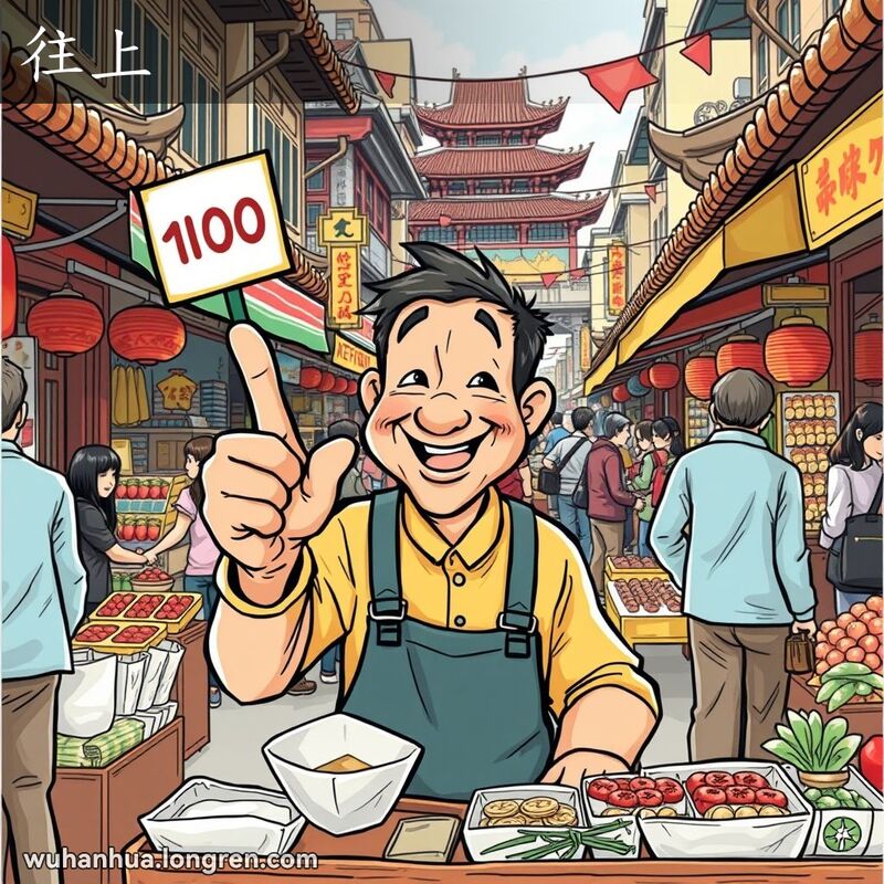 武汉街头市场，摊贩手持价格标签指向上方，背景有忙碌的人群和摊位