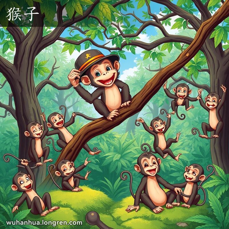 一群猴子在丛林中嬉戏，主角猴子坐在树枝上，手拿小帽子，表情调皮好奇，背景是茂密的丛林和湛蓝的天空。