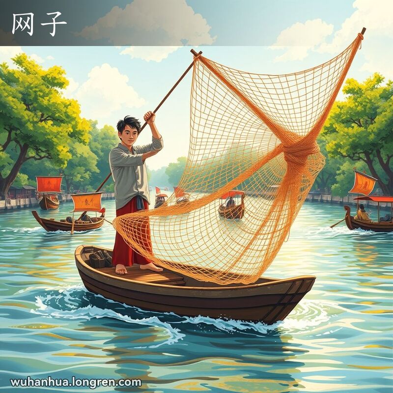 一位武汉渔民站在小木船上，手持渔网准备捕鱼，背景是长江两岸的繁茂植被和传统中国木船