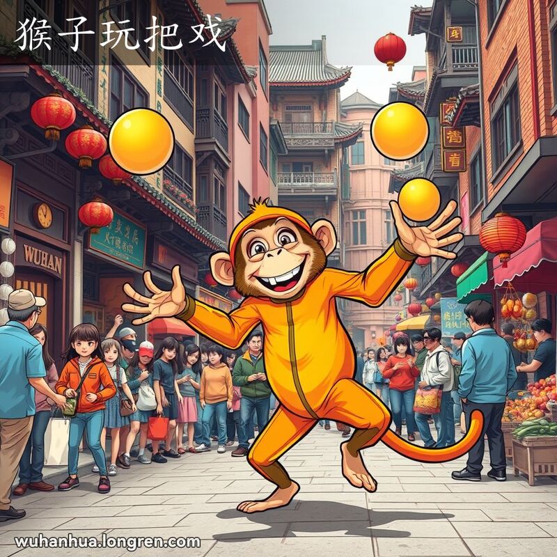 一只穿着紧小服装的猴子在武汉街头表演把戏，观众露出愉快的表情，背景是武汉老街景