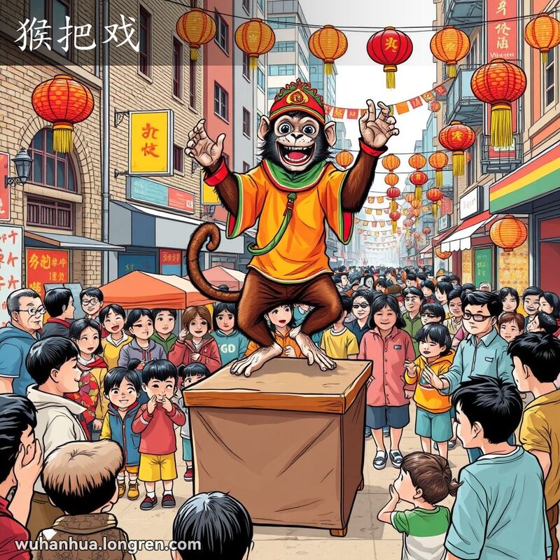 一只穿着彩衣、戴着面具的猴子在武汉街头表演猴戏，周围是兴高采烈的观众。