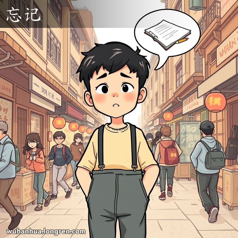 一位武汉市民站在街头，神情懊恼，拍打口袋，头上有思想泡泡显示被遗忘的笔记本和铅笔，背景是武汉街景。