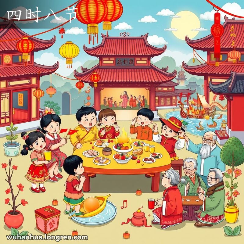 传统中国节日场景，包括春节、元宵节、清明节、端午节、中元节、中秋节和重阳节的庆祝活动