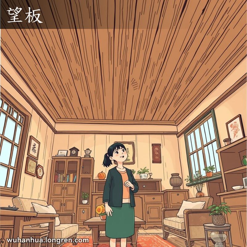 一位女性在武汉老房子客厅里仰望木质天花板，房间内有传统家具和装饰，氛围温馨。