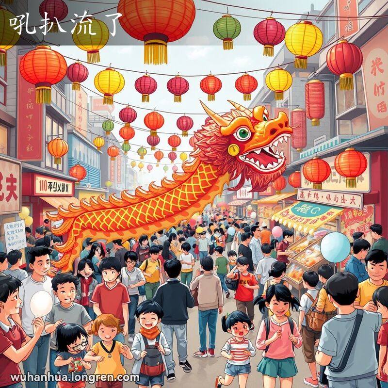 武汉街头节庆场景，龙舞表演、小吃摊位、欢笑的人群，体现“吼扒流了”的热闹氛围