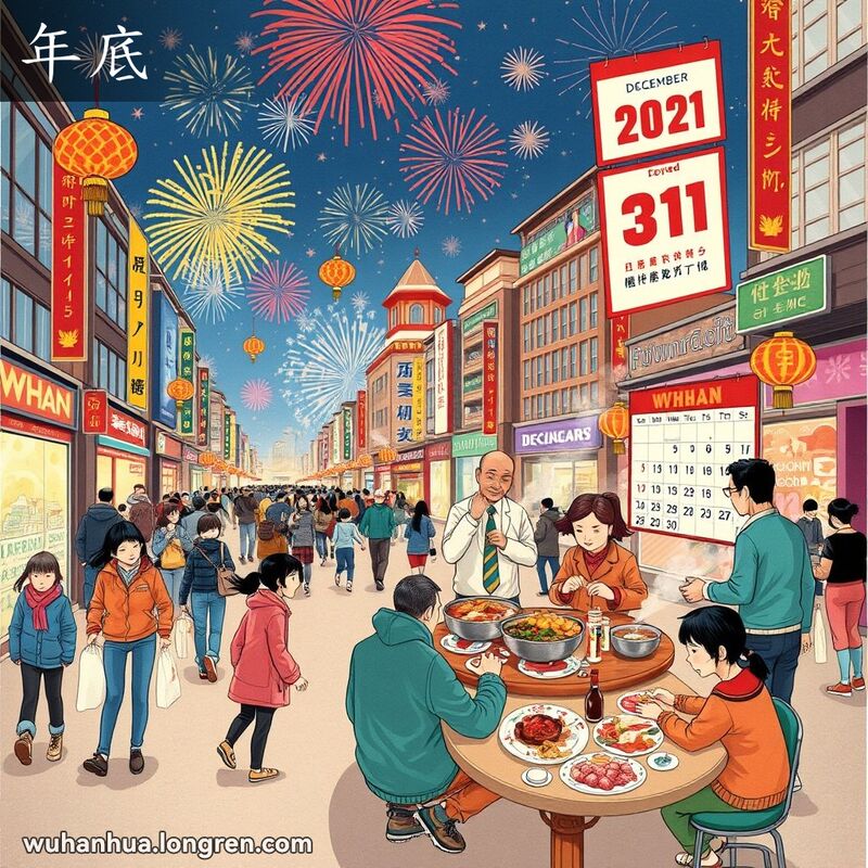 武汉市年底的繁忙街景，天空中绽放烟花，街道挂满灯笼，人们匆忙购物，一家人享受年底大餐，背景日历翻到12月31日