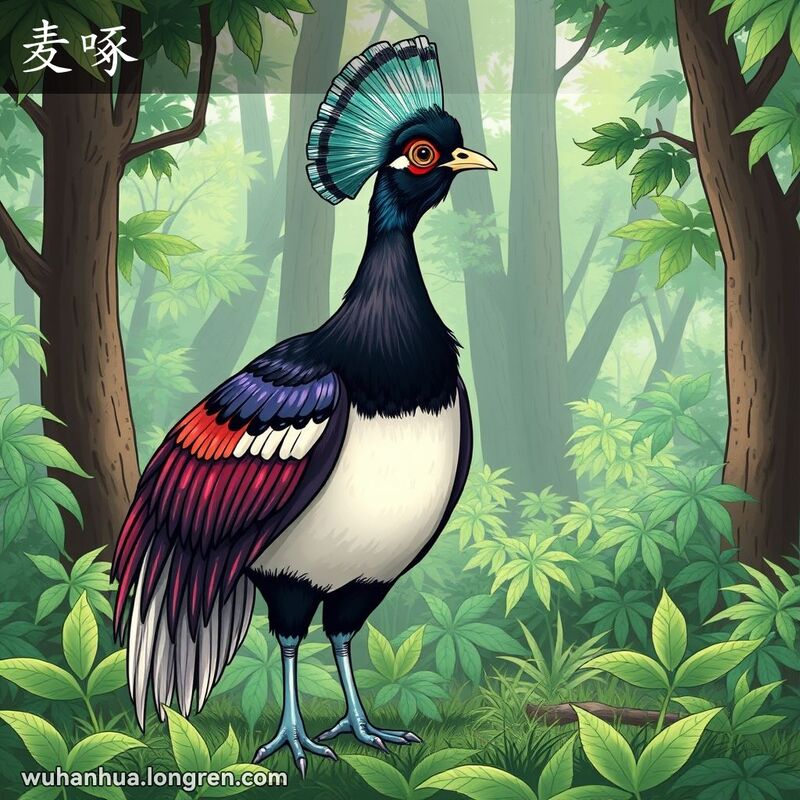 一只雉鸡站在森林中，展示其黑色前额、长羽冠和紫铜色背羽，背景是茂密的绿色森林。